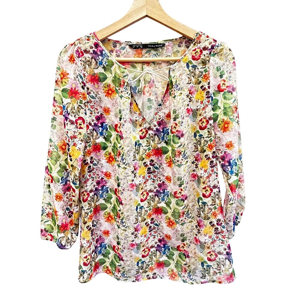 Zara Sheer Floral Blouse Tie Neck Romantic Garden Boho Top S party